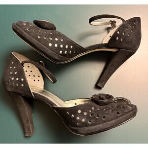 Franco Sarto Black Suede Flower Heels Ankle Strap Women’s 7.5